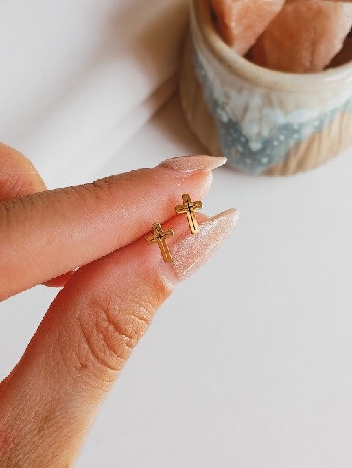 Producto - Aros miniaturas cruz  - Acero dorado