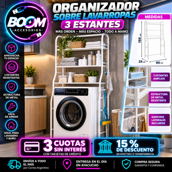 Producto - Mueble Organizador Sobre Lavarropas Rack 3 Estantes Lavadero