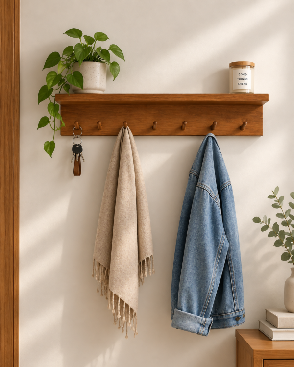 Producto - Perchero en pino miel con estante y 7 ganchos