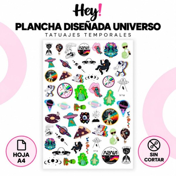 Producto - PLANCHA A4 PREDISEÑADA UNIVERSO - TATUAJES TEMPORALES - 0