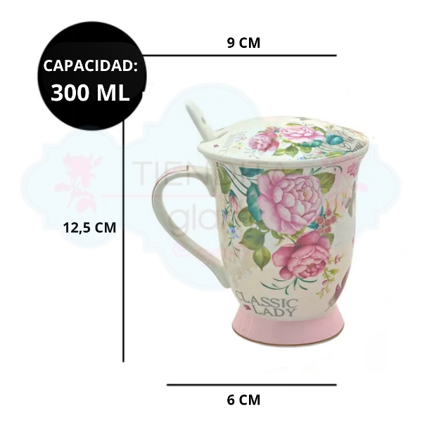 Producto - TAZA DE PORCELANA CON FILTRO Y CUCHARA FLORES ROSAS CLASSIC LADY 300 ML - 2