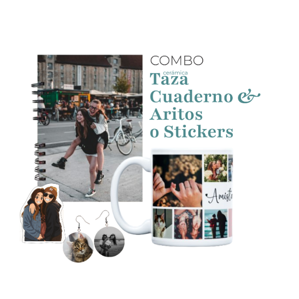 Producto - Taza cerámica + Cuaderno + Aritos o Sticker
