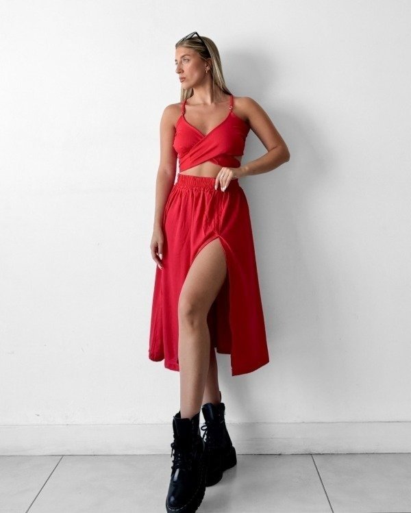 Producto - FALDA MIDI SUELTA LINO ROJA