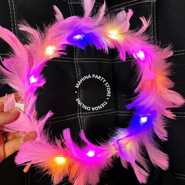 Producto - Corona plumas rosas con luces multicolor