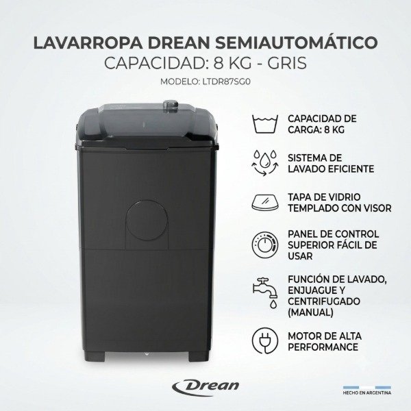 Producto - LAVARROPA DREAN SEMIAUTOMÁTICO 8 Kg -GRIS-LTDR87SG0 (ENJUAGA Y DESAGOTA)