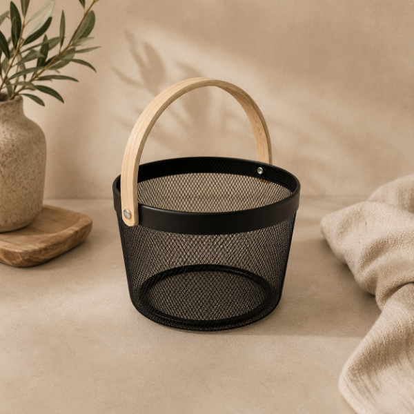 Producto - Canasto Organizador Negro con Asa de Madera Porta Huevos y Frutera