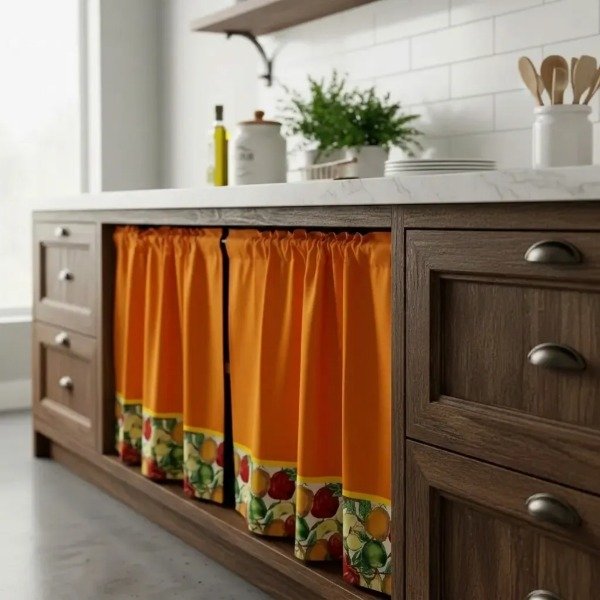 Producto - JUEGO DE CORTINAS NARANJA PARA BAJO MESADA CON GUARDA - 1