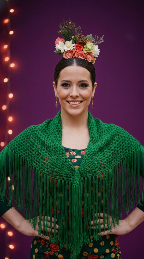 Producto - Mantoncillo Triangular Tejido Con Flecos De Seda Verde PRE VENTA