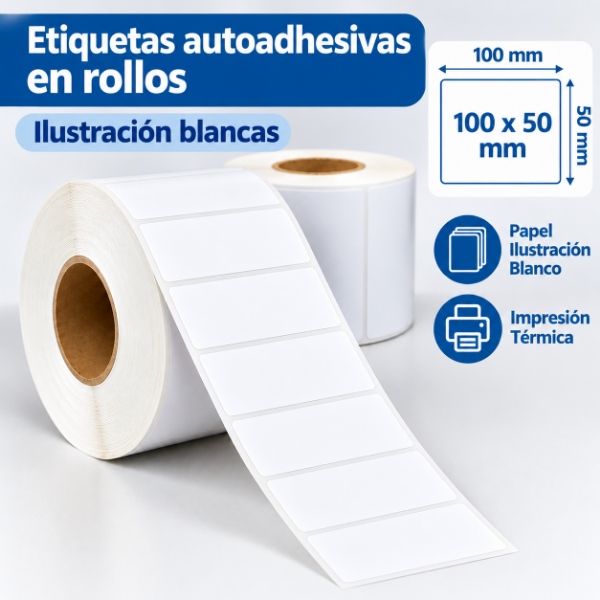 Producto - Rollos Etiquetas Autoadhesivas Ilustración Blancas - 100 x 50 mm x 950 unidades