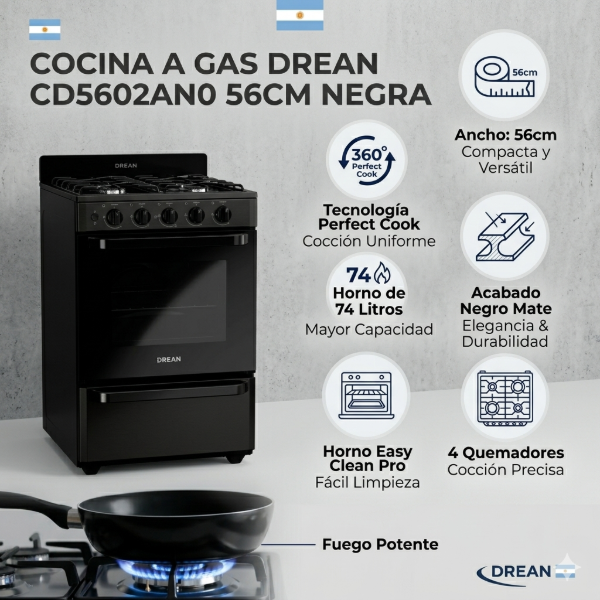 Producto - COCINA A GAS DREAN CD5602AN0 56CM NEGRA