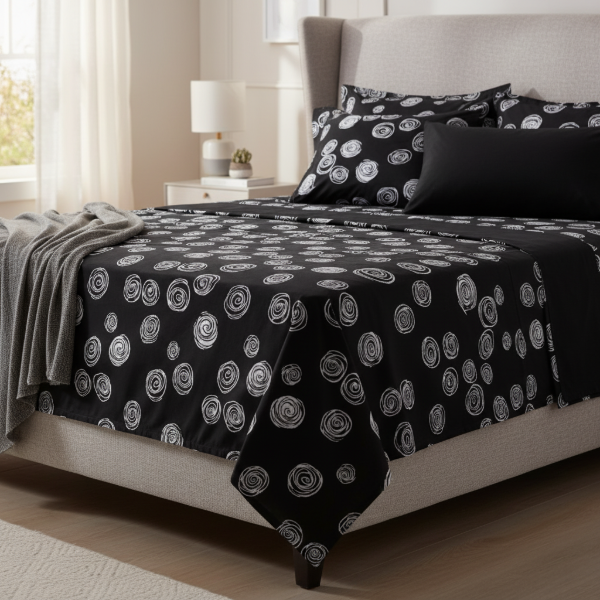 Producto - Juego de Sábana de 1 1/2 Plazas "Negro Círculos Blanco"