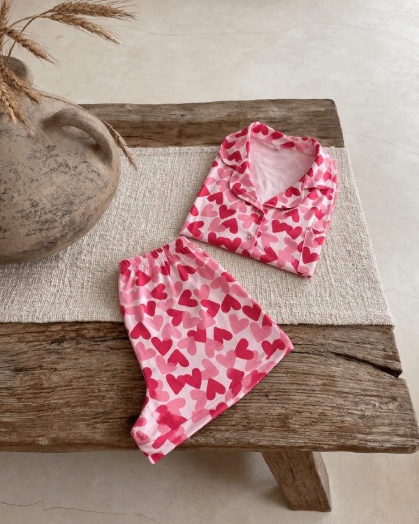 Producto - Pijama camisero corto - Blanco con corazones rosas - 1