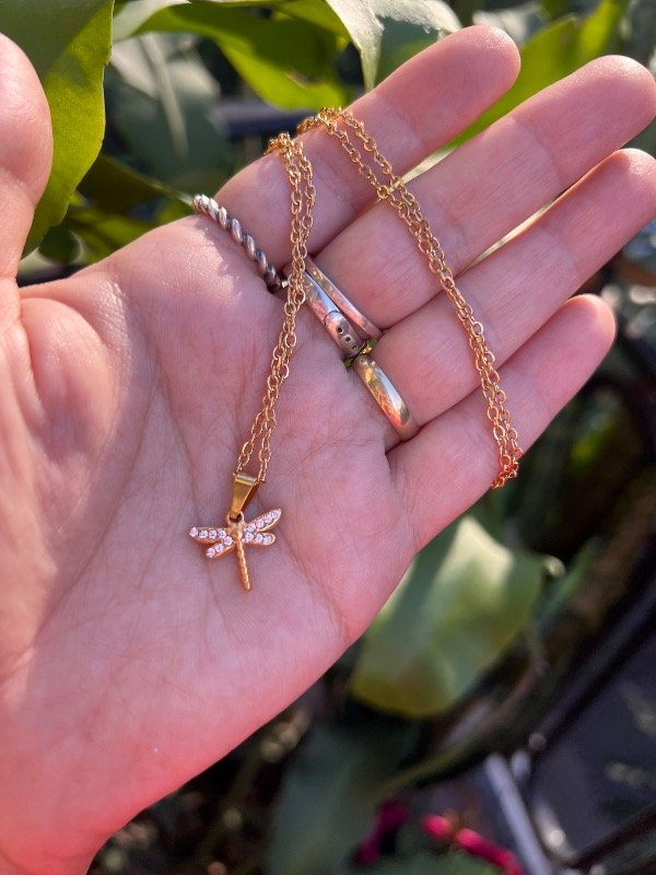 Producto - Collar de acero dorado mini libélula con stras
