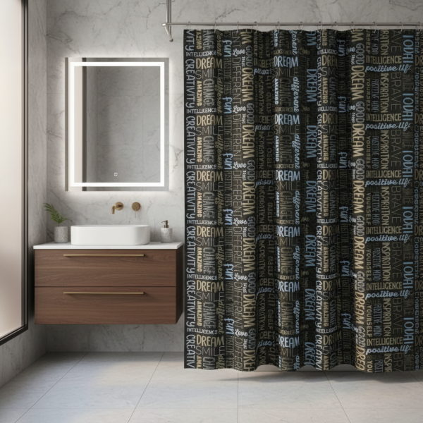 Producto - CORTINA PARA BAÑO SIMPLE PESADA LÍNEA TOP QUALITY "LETRAS/FRASES"