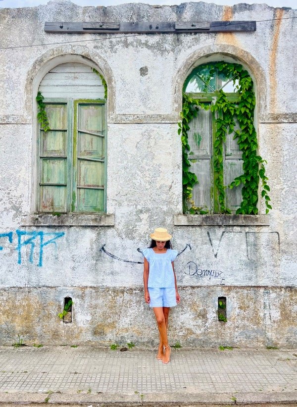 Producto - Short Lino Cuadrillé Celeste.