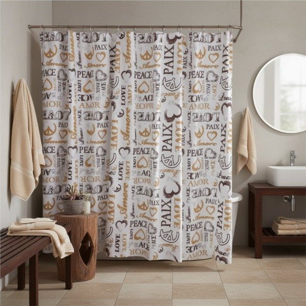 Producto - CORTINA PARA BAÑO DOBLE LÍNEA BASIC  "LOVE/PEACE MARRÓN"