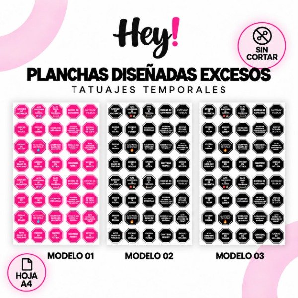 Producto - PLANCHA A4 PREDISEÑADA STICKERS EXCESOS - TATUAJES TEMPORALES - 0