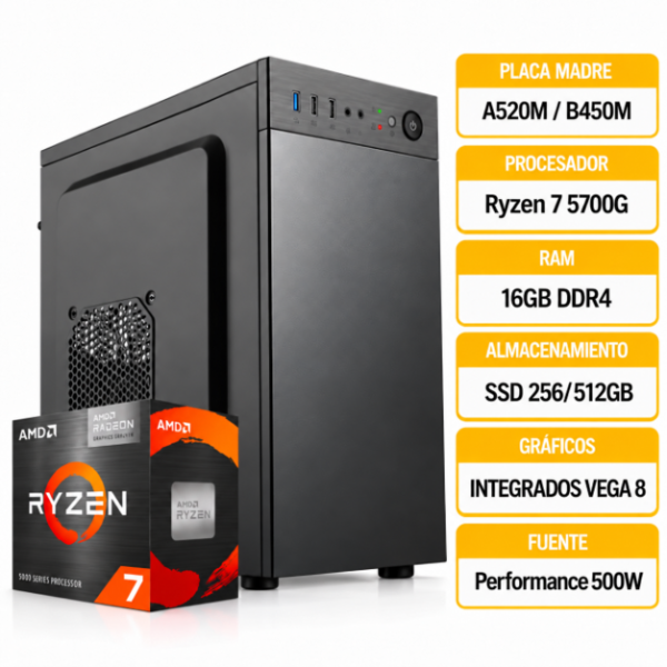 Producto - PC GAMER STARTER AMD RYZEN 7 5700G 16GB 256GB/512GB