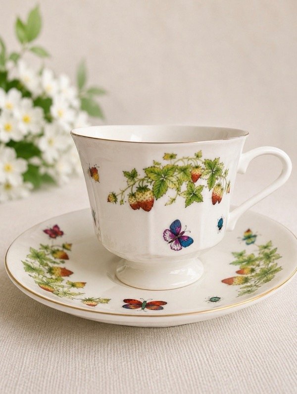 Producto - Taza y plato de té frutillas y mariposas - 0