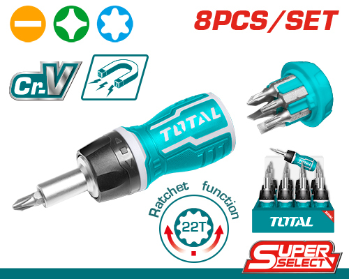 Producto - DESTORNILLADOR CORTO PUNTA INTERCAMBIABLE (8 EN 1) CON CARRACA - CRV - TOTAL