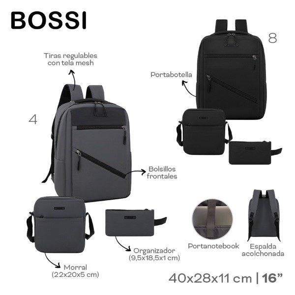 Producto - Set x 3 - Mochila 16", Morral y Organizador - Bossi - 0