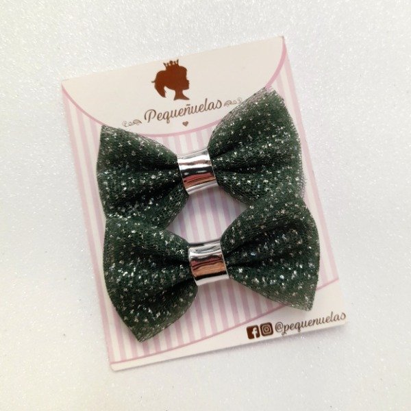 Mini moños tul glitter verde musgo