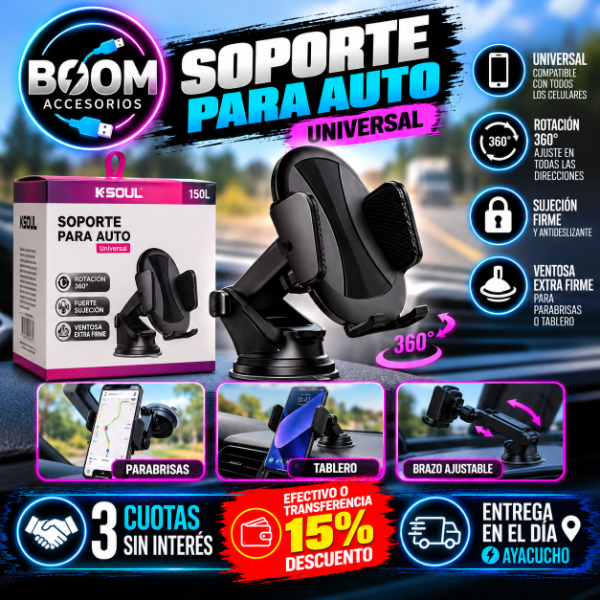 Producto - Soporte Celular Auto Soul Q300 Sopapa Universal Rotacion 360 - 0