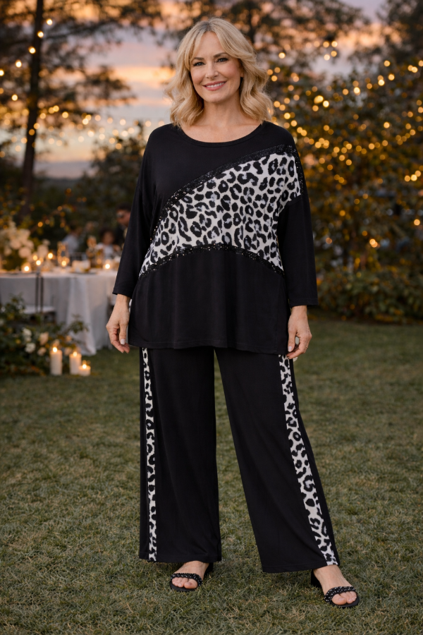 Producto - Conjunto Animal Print Crep y Lentejuelas Amplio abarca XL-XXL Transf 79.000 Gris