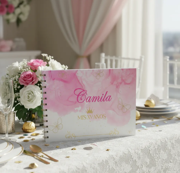 Producto - Kit Imprimible Libro De Firmas Mis 15 años - ABSTRACTO ROSA Y DORADO