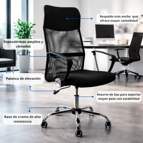 Producto - Silla oficina -apoyabrazos plásticos regulables -5 ruedas -respaldo alto - 1