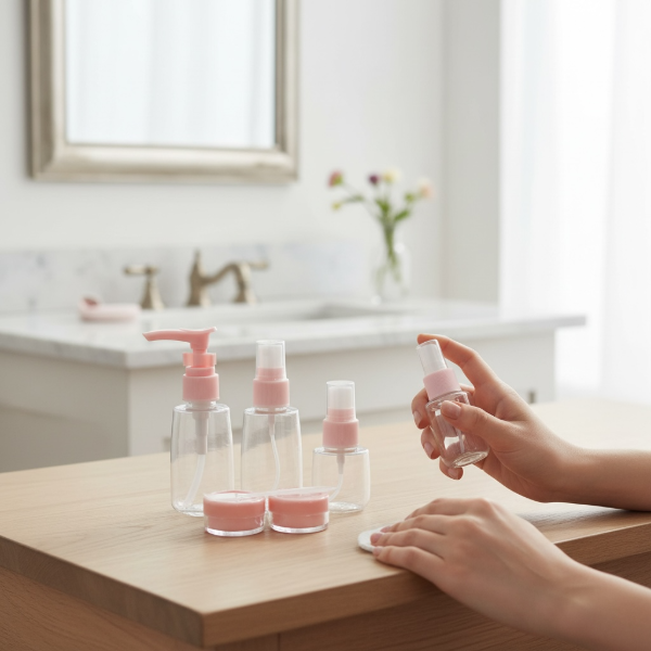 Producto - SET DE 5 ENVASES DE VIAJE CON ESPATULA Y NECESER TRANSPARENTE ZIPLOC