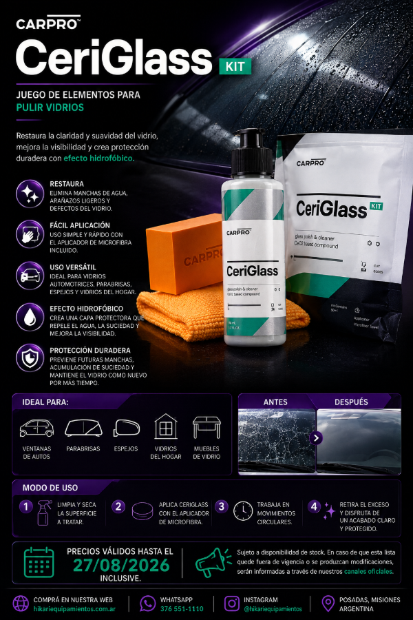 Producto - CarPro CeriGlass Kit - Pulidor y Restaurador de Vidrios para Parabrisas