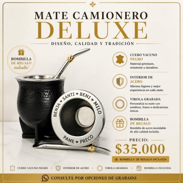 Producto - Mate camionero DELUXE - Interior de Acero - CUERO