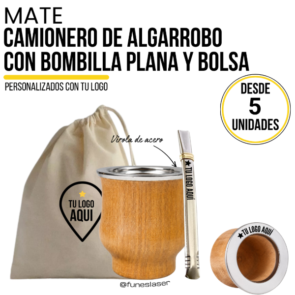 Producto - Mate Camionero de Algarrobo + Bombilla Plana + Bolsa de lienzo - 0