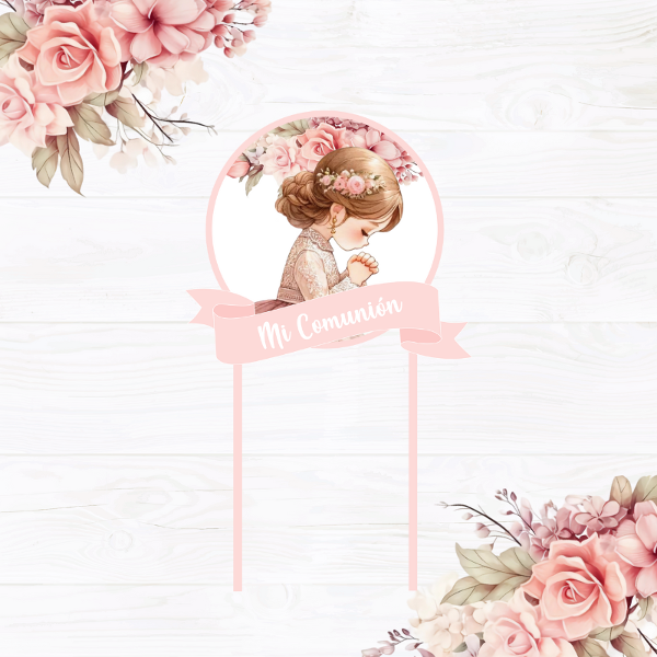 Producto - Topper Torta "Mi Comunión" Flores Rosa retro
