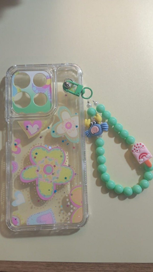 Producto - Funda Transparente Diseño Con Glitter y Cadena Flor Verde para Moto G15