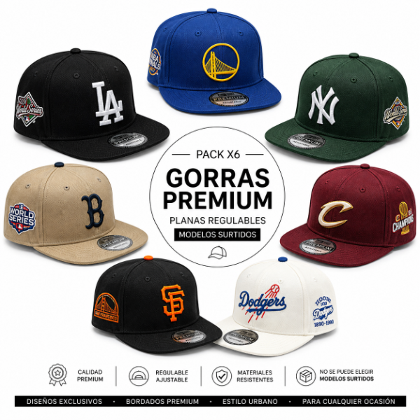 Producto - Pack gorra plana mayorista surtido por 6 gorras premium estilo urbano importado