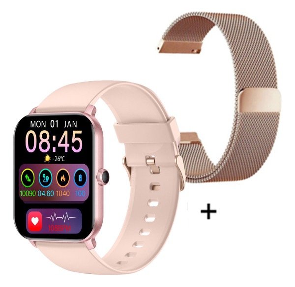 Producto - Reloj inteligente con malla intercambiable de goma y metálica rosa