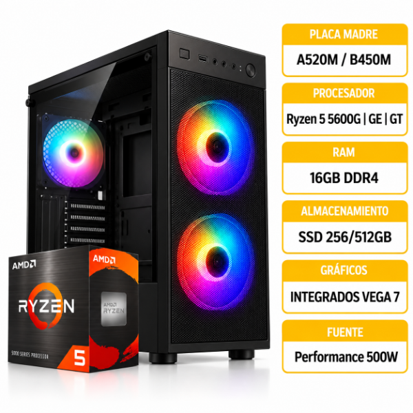 Producto - PC GAMER STARTER AMD RYZEN 5 5600G 16GB 256GB/512GB GABINETE GAMER - 0
