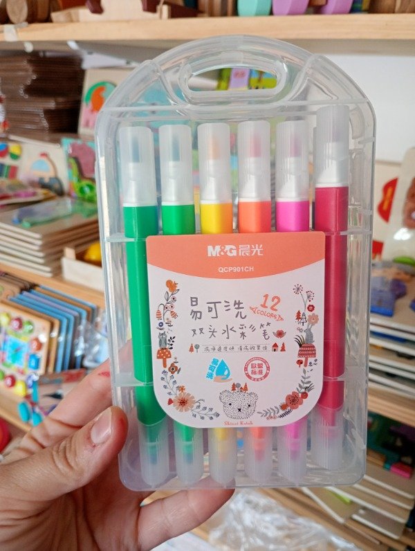 Producto - Marcadores doble punta. 12 colores. cuerpo triangular. PUNTA PINCEL - 0