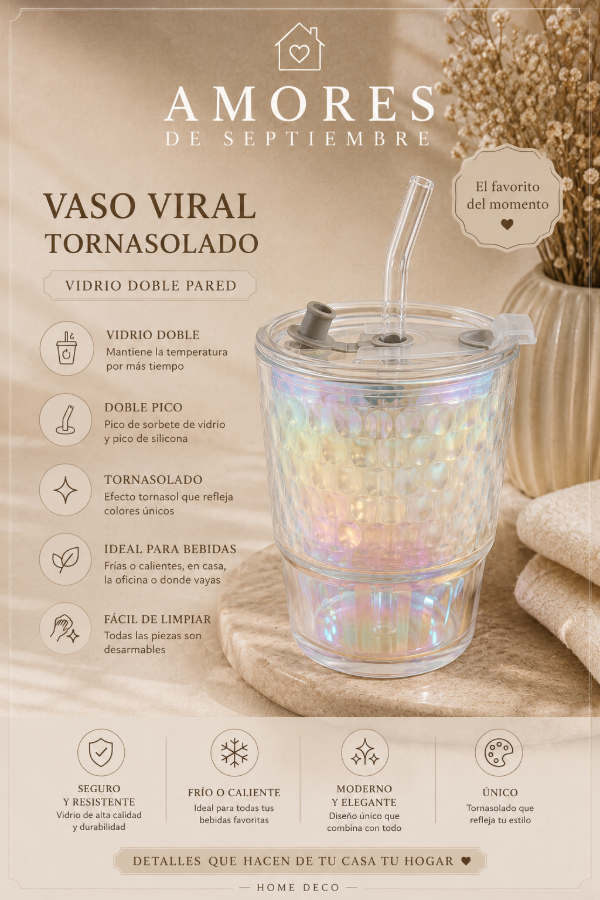 Producto - Vaso Viral Tornasolado de Vidrio Doble Pared con Tapa y Doble Pico