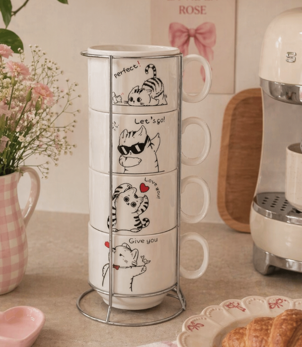 Producto - Set de 4 tazas con organizador apilables  de Té Gatito canchero