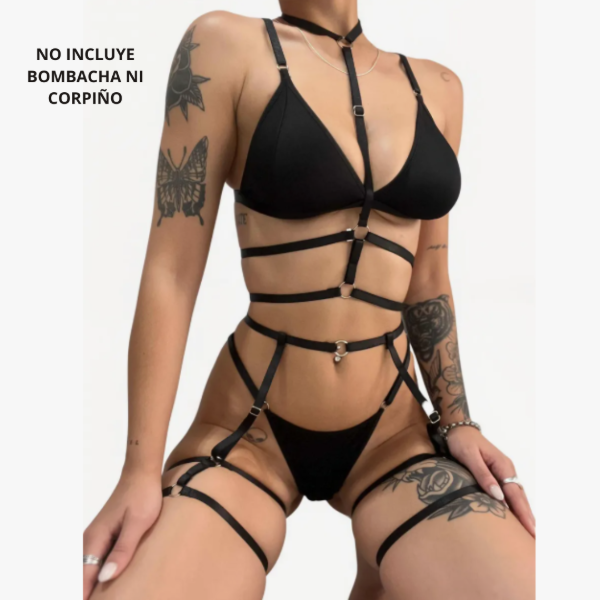 Producto - Set Arneses Dos Piezas Lencería Sensual - Negro Regulable