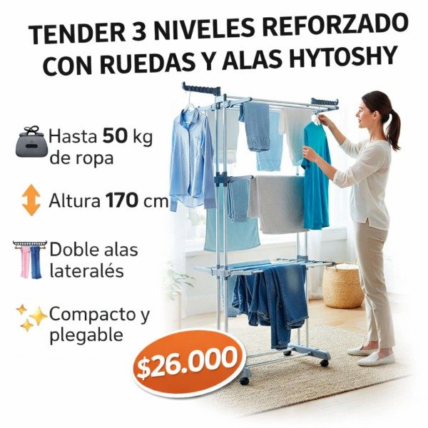 Producto - TENDER DE ROPA VERTICAL 3 NIVELES REFORZADO RUEDAS Y ALAS HYTOSHY