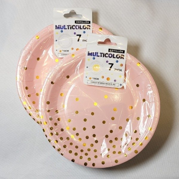 Producto - Plato de 17cm LUNARES METALIZADOS color rosa con lunares dorados x10un