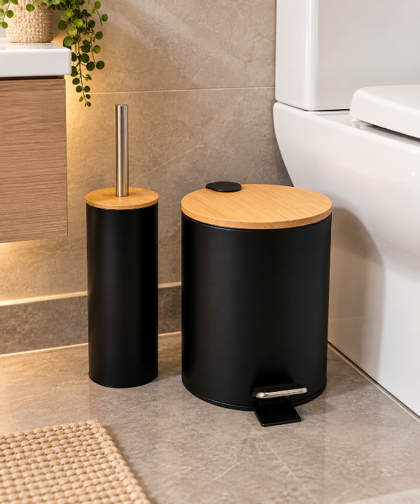 Producto - Cesto Basura Acero Inox 5 l + escobilla negro bambu