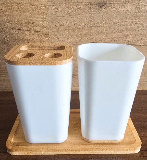 Producto - Kit Accesorios De Baño Set X3 Vaso Porta Cepillo Bambú Blanco