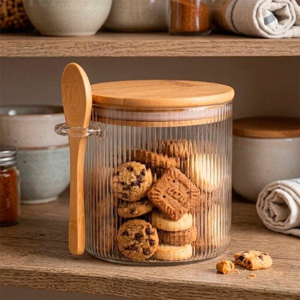 Producto - Frasco Vidrio Red. Rayado T/Bambu + Cuchara