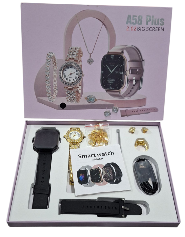Producto - Reloj smartwatch A 58 Plus, reloj analógico + set de joyas