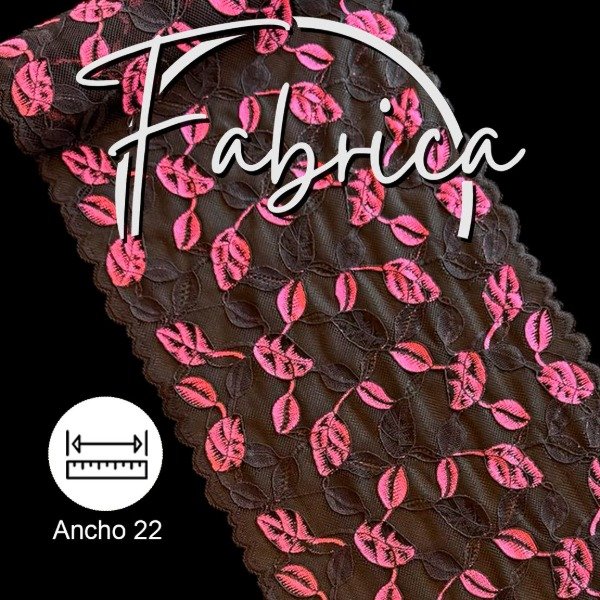 Producto - PS173 Puntilla flores negra y fucsia. Medida: 22cm (por metro)